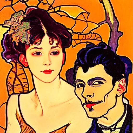 Image similar to painting of handsome young beautiful jeff and gorgeous rina together at the jack o'lantern halloween party, elegant, clear, painting, stylized, art, art by alphonse mucha, vincent van gogh, egon schiele,