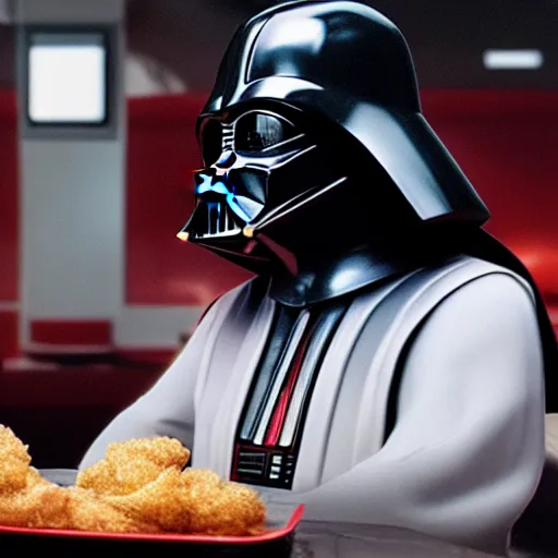 Image similar to A still of Darth Vader eating at KFC, 4k, photograph, ultra realistic, highly detailed, professional lighting