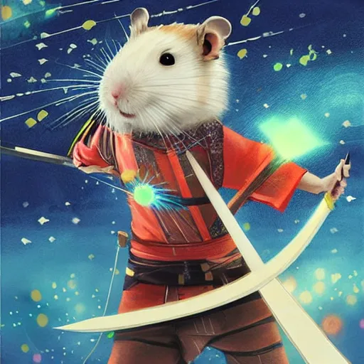 Image similar to japanese hamster samurai. with long sword. anime art. painting. rain of meteors on background. hyper realistic image