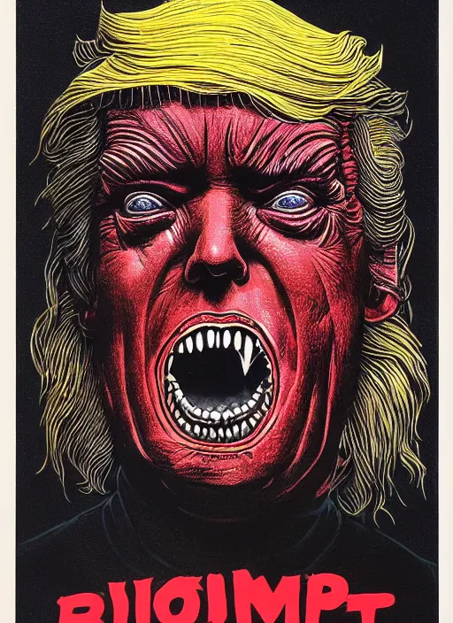 Image similar to risograph of donald trump's grotesque true form revealed, horror, high details, intricate details, by vincent di fate, artgerm julie bell beeple, 1 9 8 0 s, inking, vintage 8 0 s print, screen print