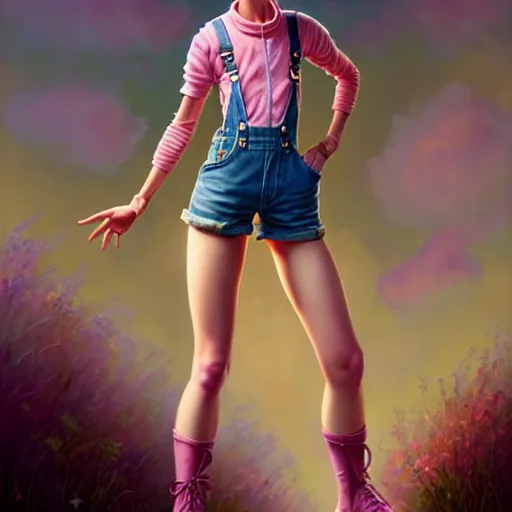 Image similar to full body pose, pixar, beautiful androgynous girl, pink pixie cut hair, torn overalls, short shorts, combat boots, fishnets, beautiful, highly detailed face, true anatomy!, extremely detailed!, digital painting, unreal engine 5, art by tom bagshaw