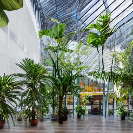 Prompt: The atrium of a refurbished contemporary building filled with tropical plants, 4k