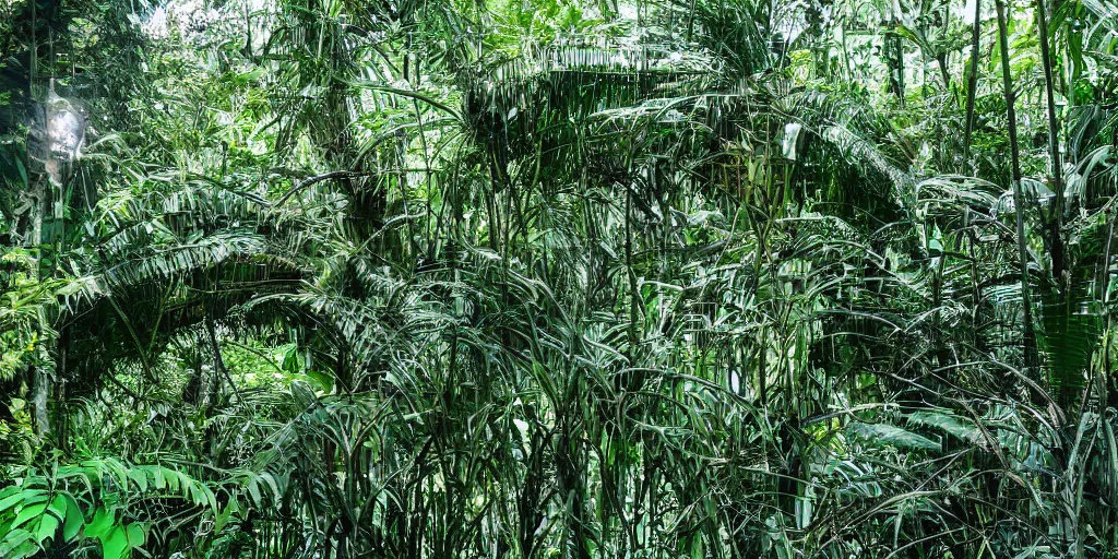 Prompt: futuristic metal structure in lush jungle, highly detailed