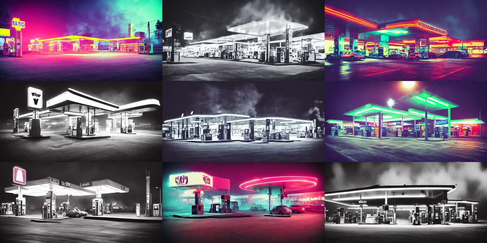 Image similar to “hyper realistic gas station, neon, fog, atmospheric lighting, neon glow, full of colour, photorealistic, award winning photography”