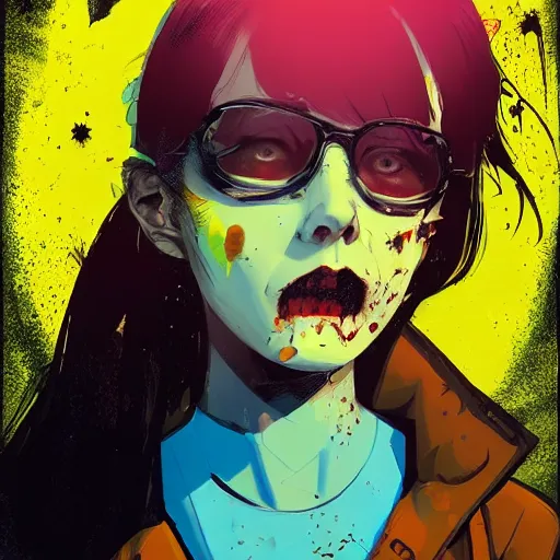 Image similar to Highly detailed portrait of a punk zombie young lady by Atey Ghailan, by Loish, by Bryan Lee O'Malley, by Cliff Chiang, inspired by image comics, inspired by graphic novel cover art !!!Yellow, brown, black and cyan color scheme ((dark blue moody background))