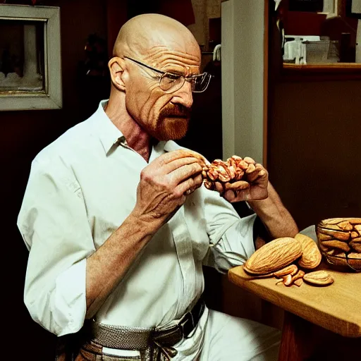 Image similar to walter white eating almond, photography,