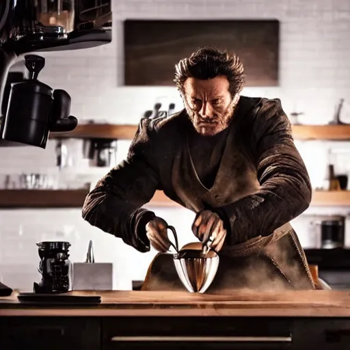 Image similar to real photo of wolverine making coffee late art with hart shape