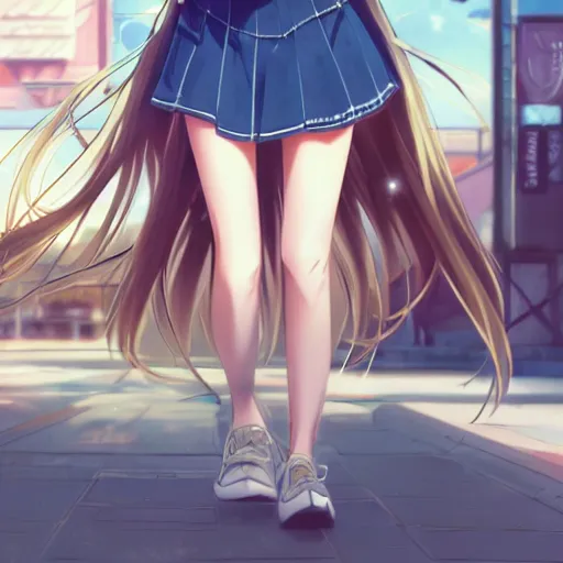 Image similar to a very beautiful anime girl, full body, long golden hair, sky blue eyes, full round face, short smile, mini jeans skirt, cute top, urban setting, cinematic lighting, medium shot, mid-shot, highly detailed, trending on Artstation, Unreal Engine 4k, cinematic wallpaper by Stanley Artgerm Lau, WLOP, Rossdraws, James Jean, Andrei Riabovitchev, Marc Simonetti, and Sakimichan