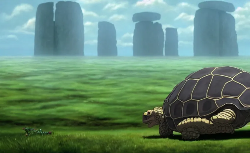 Image similar to a hyperrealist cell - shaded cartoon movie still from howl's moving castle ( 2 0 0 4 ) of a giant mechanized tortoise in a flooded stonehenge. a rainforest is in the background with shafts of sunlight from above. very dull muted colors, hd, 4 k, hq