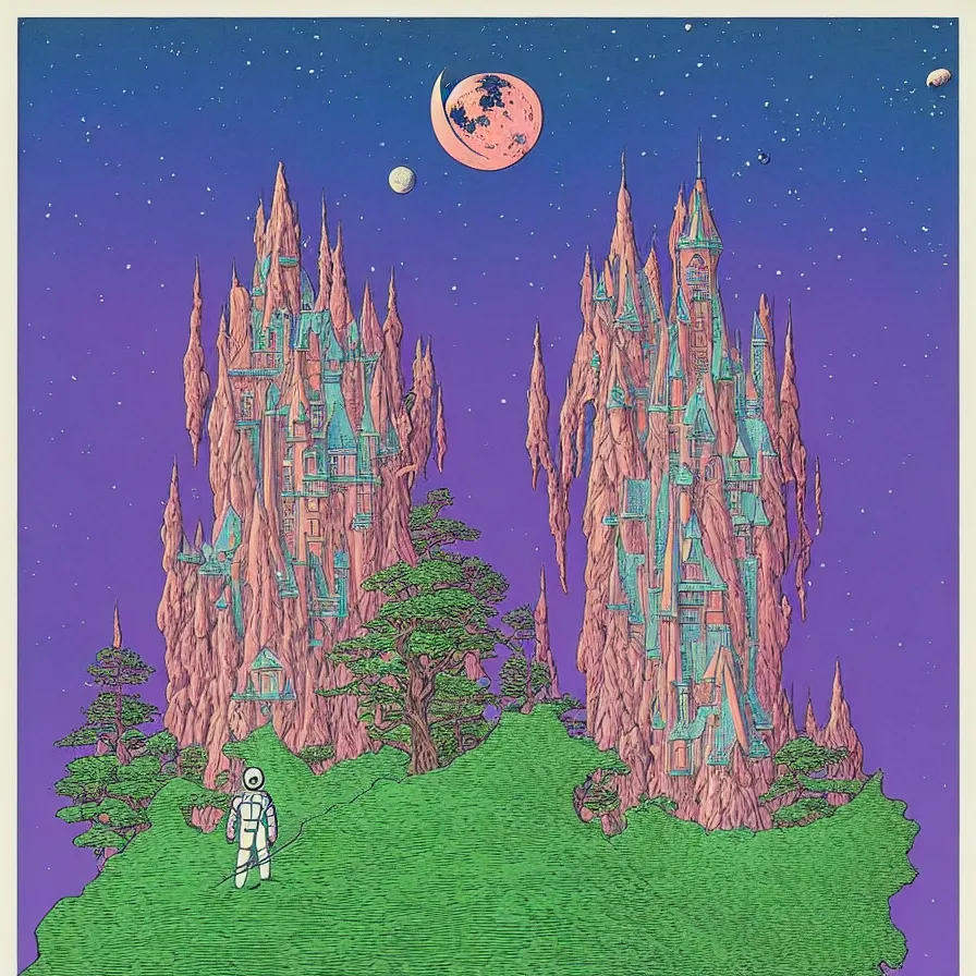 Image similar to ( ( ( ( a majestic castle at the end of a forest and an astronaut looking at it, with decorative frame design ) ) ) ) by mœbius!!!!!!!!!!!!!!!!!!!!!!!!!!!, overdetailed art, colorful, artistic record jacket design