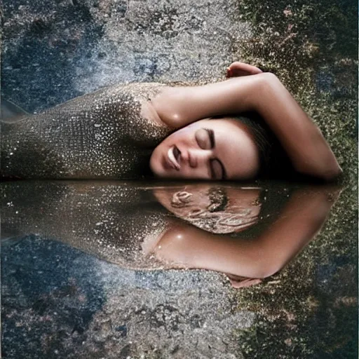 Image similar to a beautiful woman, laying on the ground, hands peacefully resting under her chin, water reflection!!!!!, water mirrored water, reflection echo, 4 k, detailed facial features!!!!!, artstation photorealism, photorealism, shot by steve mccurry, jimmy nelson, annie leibovitz, ansel adams, and frans lanting