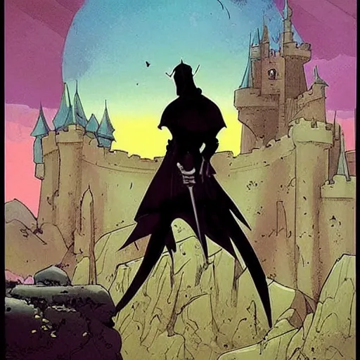 Image similar to beautiful landscape of fantasy scifi with a knight looking at the castle, surrealism and comic book artstyle by mike mignola