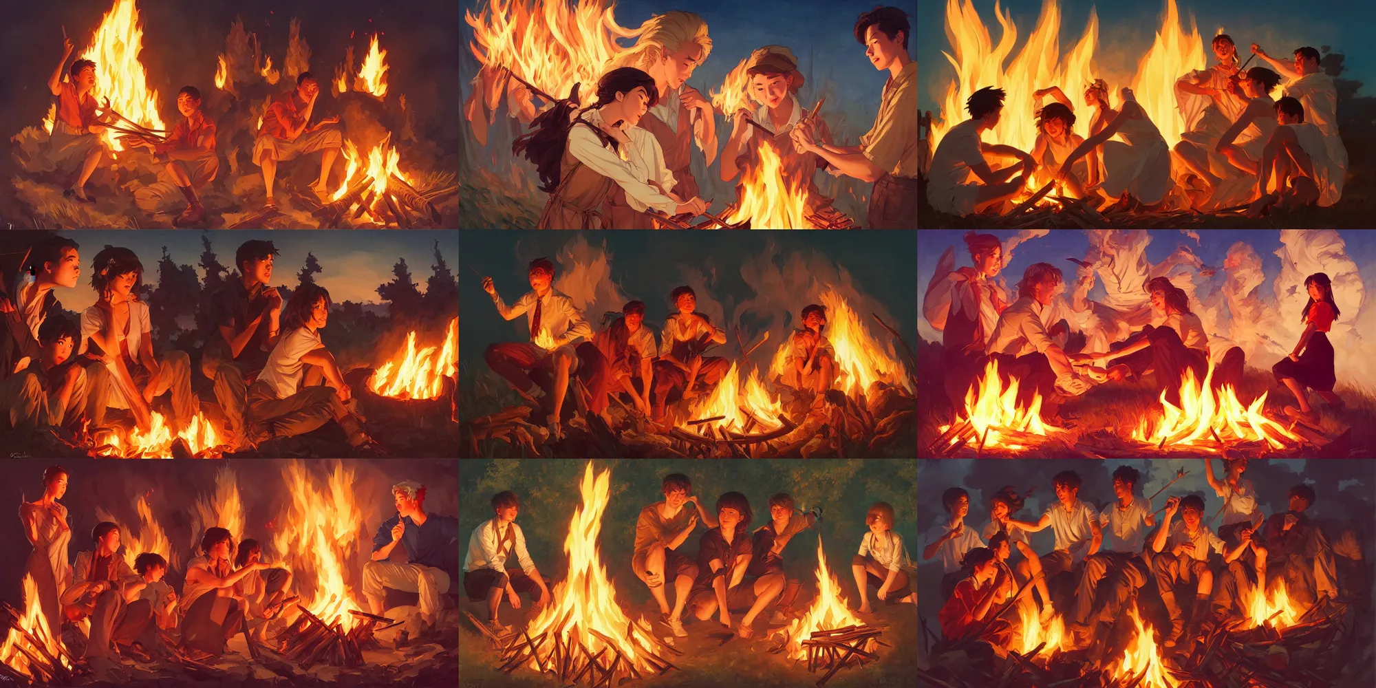 Prompt: bonfire, in the style of studio ghibli, j. c. leyendecker, greg rutkowski, artgerm