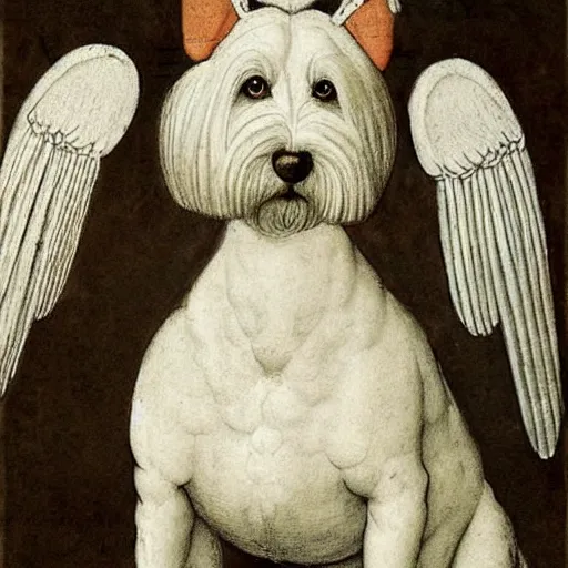 Image similar to reinacensse sketch, white schnauzer dog with two open wings, front view, leonardo da vinci