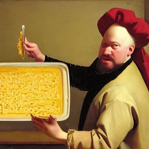 Image similar to a 1 9 th century portrait of guy fieri making a greasy macaroni and cheese sandwich, by vermeer, portrait, royal, oil on canvas