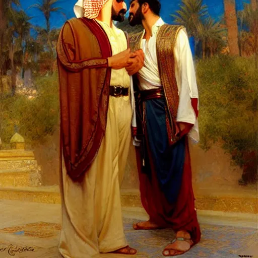 Prompt: attractive fully clothed arab king confesses his love for his attractive fully clothed male prince. highly detailed painting by gaston bussiere, craig mullins, j. c. leyendecker