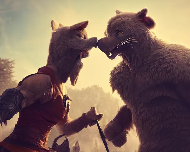 Image similar to gerald of rivia fighting with fursuit cosplayers, cinematic, concept art, wlop, beeple, highly detailed, face, hands, unreal engine, octane render