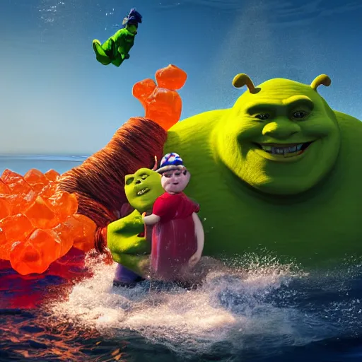 Image similar to life - sized gummi bear and shrek go deep sea fishing in a sportfisherman boat. the bear is fishing for swedish fish candy by using gummi worm candy as bait. photorealistic digital art, epic fantasy, dramatic lighting, cinematic, extremely high detail, cinematic lighting, trending, artstation, cgsociety, 3 d ue 5, 4 k, hq