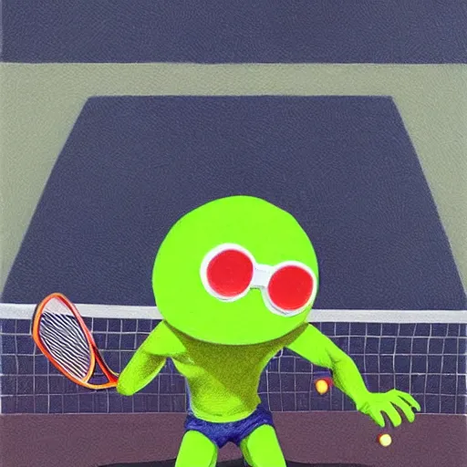 Image similar to a tennis ball monster wearing VR Google playing virtual tennis, digital art, fantasy, magic, trending on artstation, ultra detailed, professional illustration by Basil Gogos