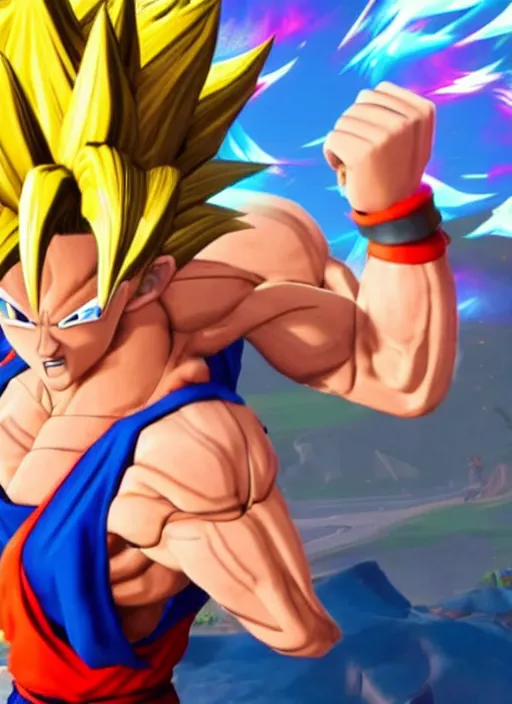 Image similar to game still of super sayan goku as a fortnite skin in fortnite.