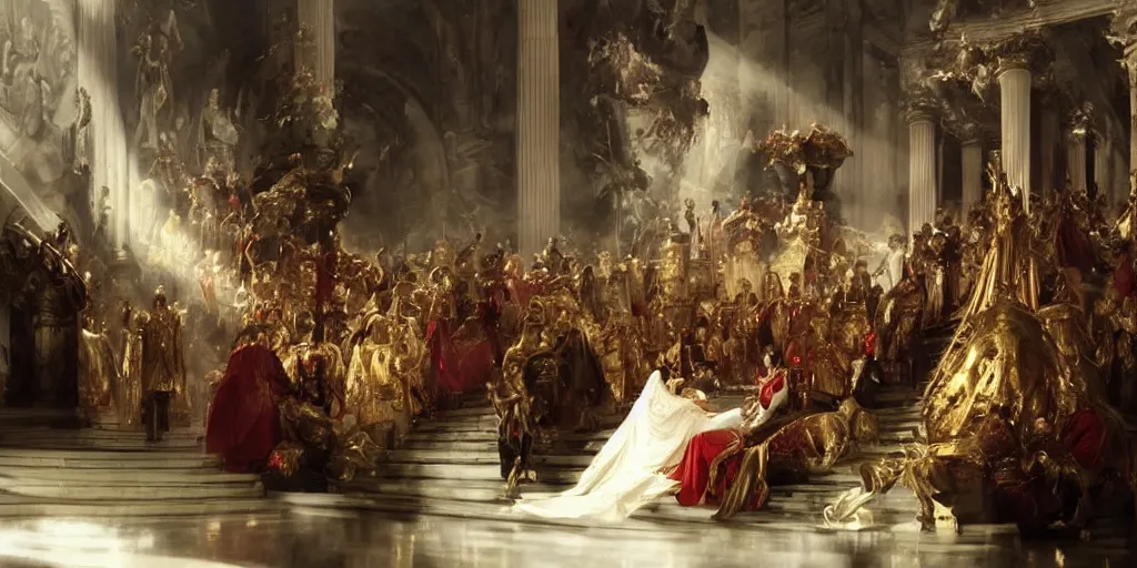 Image similar to beautiful oil matte portrait painting, steve buscemi in royal crimson robes enthroned as the god emperor of ancient rome surrounded by servants in gilded halls a golden wreath upon his head, by anders zorn, wonderful masterpiece by greg rutkowski, beautiful cinematic light, american romanticism, by thomas lawrence, greg rutkowski