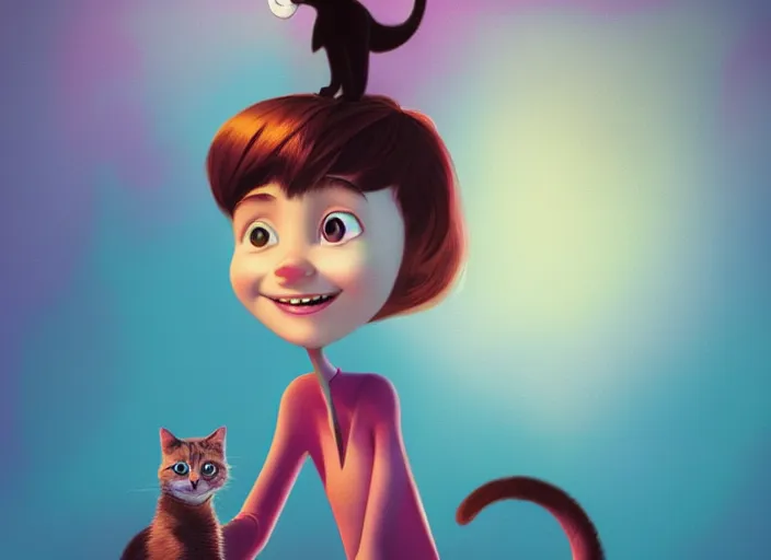 Image similar to pixar cartoon character of a tomboy girl being happy with a cat. style by petros afshar, christopher balaskas, goro fujita, and rolf armstrong.