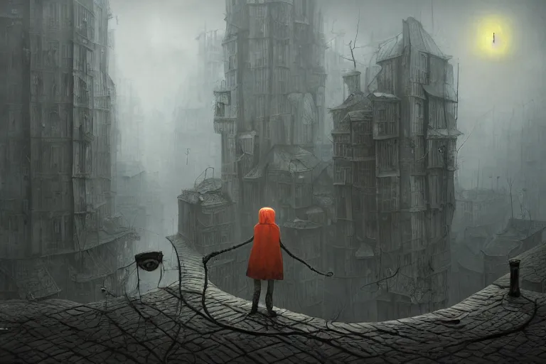 Image similar to a creepy cultist standing in a dystopian city by gediminas pranckevicius,