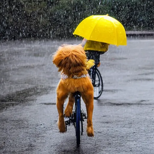 Image similar to a dog with a yellow hat riding a bike while raining