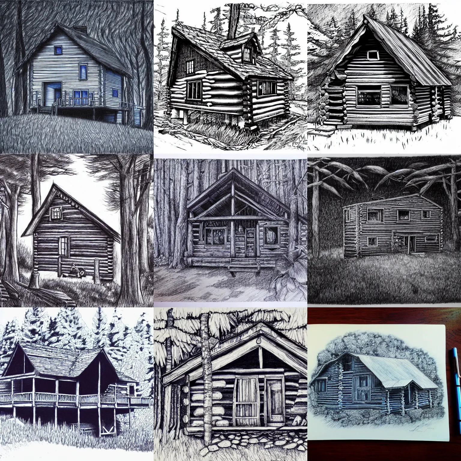 Prompt: cabin in the woods, blue ballpoint pen drawing