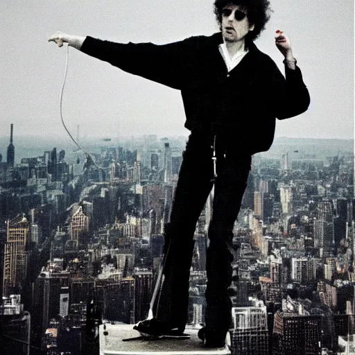Prompt: bob dylan climbing the empire state building like king kong