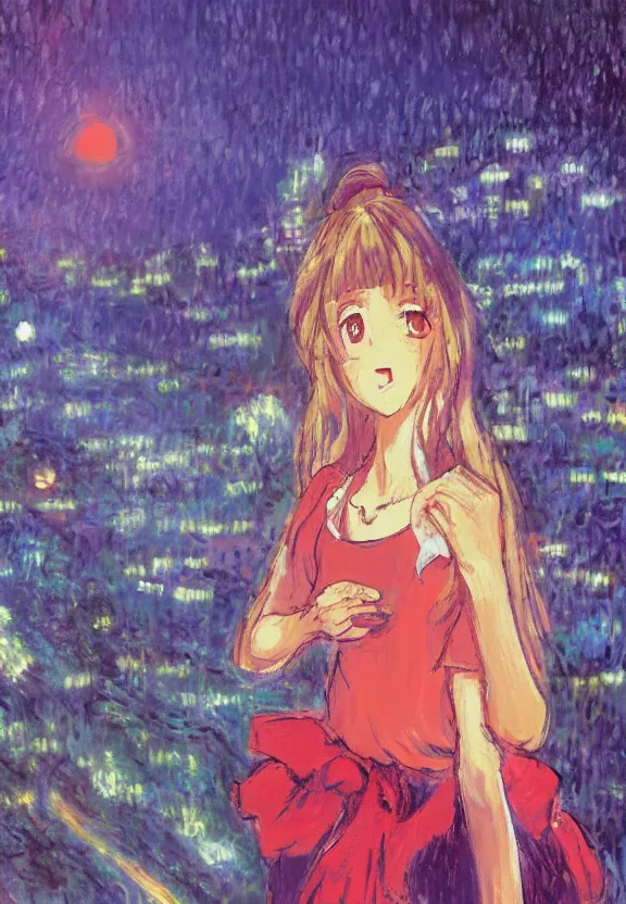 Image similar to wide angle portrait of a teenage girl, a thrifty outfit, somewhat of an anime in impressionist style, city street view background, starlit night sky, trending artwork, illustrated in anime painter studio, by claude monet