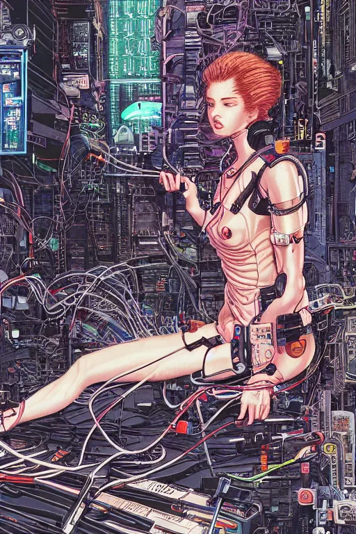 Image similar to an hyper-detailed cyberpunk illustration of a female android seated on the floor in a tech labor, seen from the side with her body open showing cables and wires coming out, by masamune shirow, and katsuhiro otomo, japan, 1980s, centered, colorful