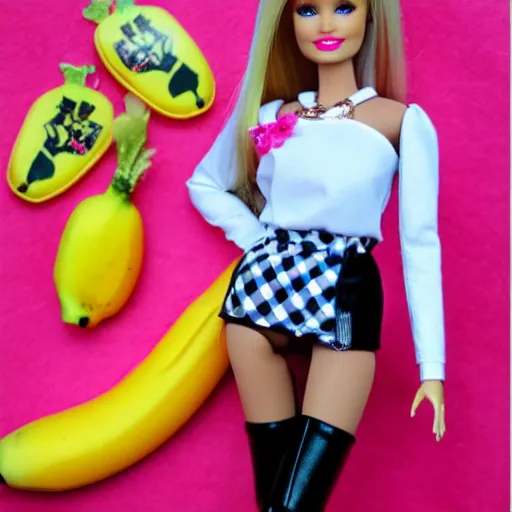 Prompt: barbie doll, leather bunny costume bodysuit, playboy, rabbit ears, plaid tights, full length, raspberry banana color, lace