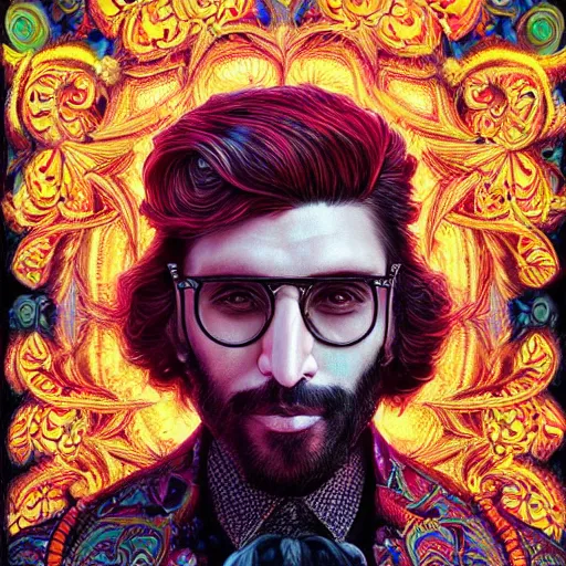 Prompt: portrait of ranveer singh, hyper detailed masterpiece, neon floral pattern, jean giraud, digital art painting, darkwave goth aesthetic, psychedelic, artgerm, donato giancola and tom bagshaw