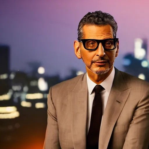 Prompt: a still of Jeff Goldblum . Shallow depth of field. City at night in background, lights, colors ,studio lighting, mood, 4K. Profession photography