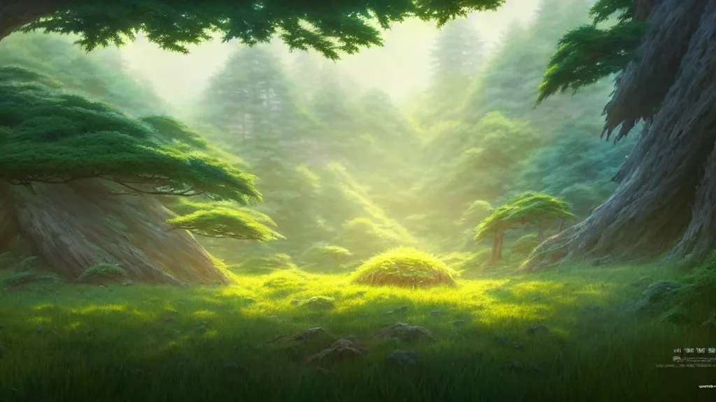 Image similar to forest clearing landscape, studio ghibli, pixar and disney animation, sharp, rendered in unreal engine 5, highly detailed, digital painting, artstation, concept art, smooth, sharp focus, illustration, wide angle, artbook, wallpaper, splash art, promo art, dramatic lighting, art by artgerm and greg rutkowski and bo chen and jin xiaodi