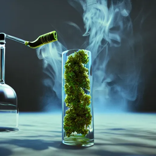 Prompt: cannabis bong water pipe, fire, smoke, octane render, 8 k, ultra hd, unreal engine 5, ray tracing