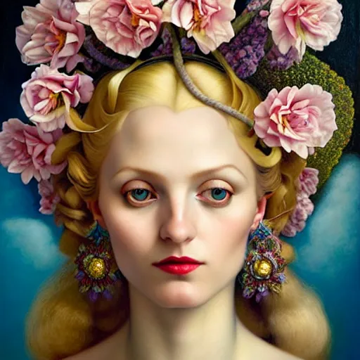 Image similar to centered portrait composition, woman with blonde hair full of spring flowers wearing ornate earrings, ornate gilded details, pastel colors, a surrealist painting by tom bagshaw and jacek yerga and tamara de lempicka and jesse king, wiccan, pre - raphaelite, featured on cgsociety, pop surrealism, surrealist, dramatic lighting