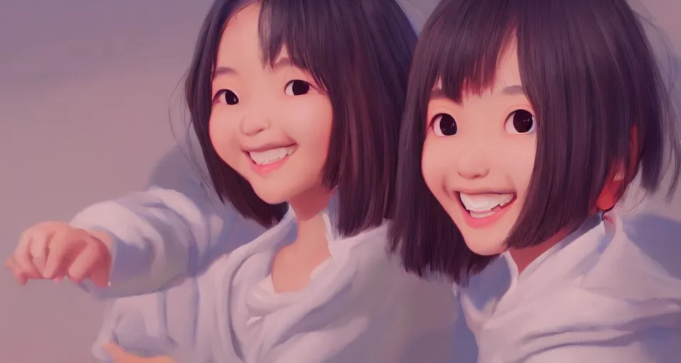 Image similar to a painting of cute Asian girls smiling, in the style of Pixar animation, low angle view, 16mm lens, award winning, hyper detailed, dramatic lighting, artstation, octane renderer, unreal engine