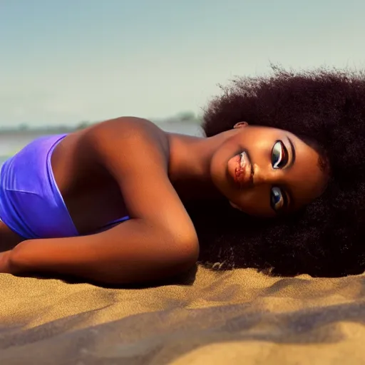 Prompt: beautiful young ebony woman sunbathing at the beach on an alien planet. 4 k photo from the year 2 0 7 0