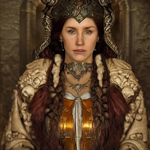 Prompt: the elder scrolls vi, charismatic regal brunette female jarl, portrait, rustic throne room, atmospheric lighting, painted, intricate, volumetric lighting, beautiful, daytime,, slight overcast weather, 4 0 0 0 k, sharp focus, deep colours, ultra detailed, by leesha hannigan, ross tran, thierry doizon, kai carpenter, ignacio fernandez rios