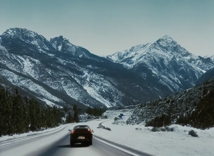 Image similar to A very high resolution image from a new movie, landscape from a car window , mountains, snowy, snowy mountains, Polaroid, directed by wes anderson