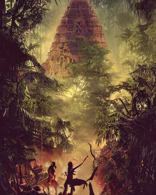 Image similar to 8 k concept art from a hindu temple lost in the jungle at dusk by david mattingly and samuel araya and michael whelan and dave mckean and richard corben. volumetric lighting. composition and layout inspired by gregory crewdson