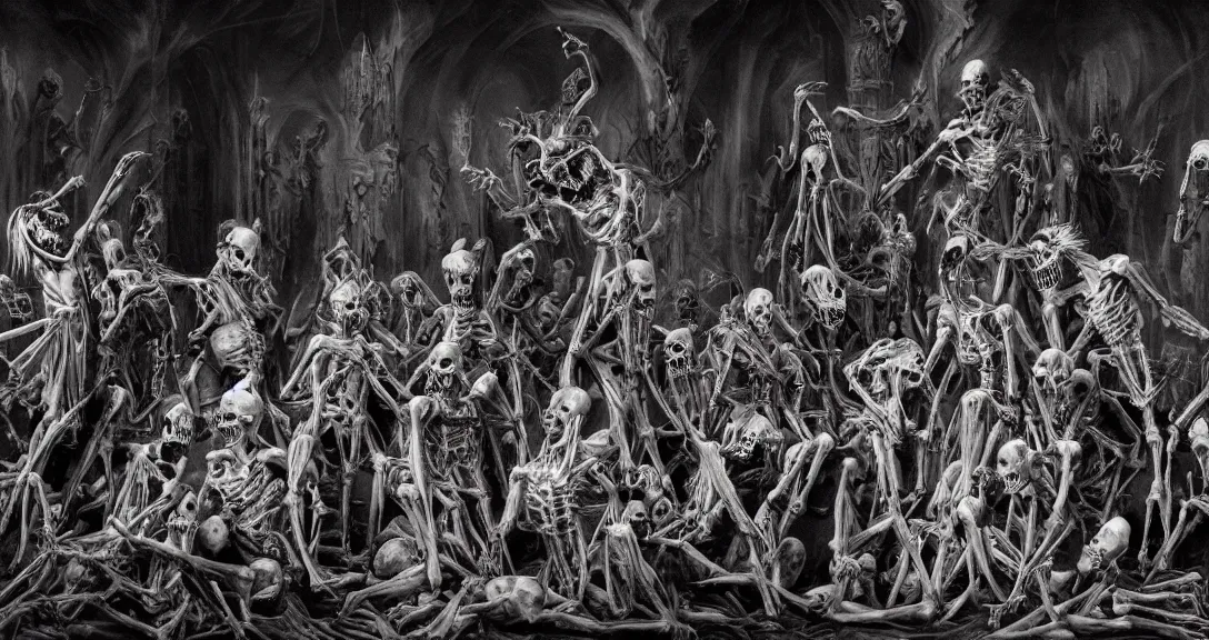 Prompt: photo of undead skeletons performing a sacred blasphemous mind-bending ritual, style of Wayne Barlowe, lavish rococo baroque setting, fashion-photography, unholy ceremony, sacrilegious rite, evil, menacing, ominous, threatening, sinister, malevolent. Highly-detailed, photographic, cinematic, dramatic, establishing shot