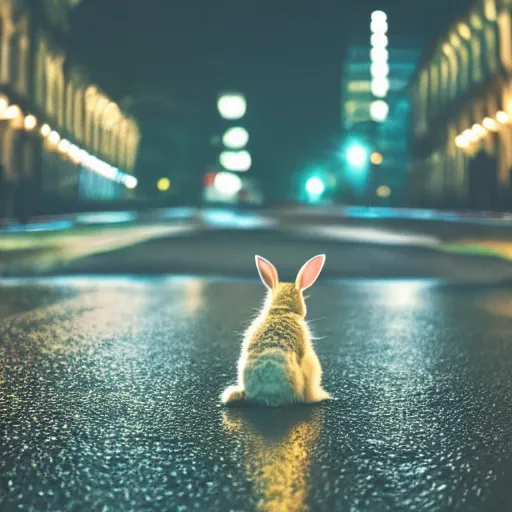 Image similar to lone rabbit in the middle of a street during a rainy night, lights, focused photo, low field of view, album cover