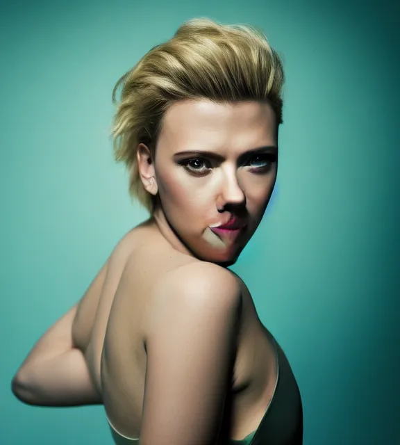 Image similar to portrait photo of Scarlett Johansson:: symmetric face, symmetric eyes, slight smile, photo by Annie Leibovitz, 85mm, teal studio backdrop, Getty images