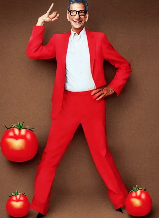 Image similar to jeff goldblum in a tomato outfit