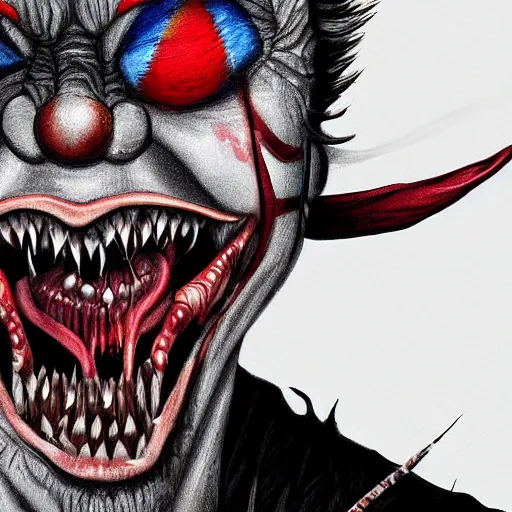 Image similar to a killer clown with sharp fangs and scars, hyper-detailed digital painting