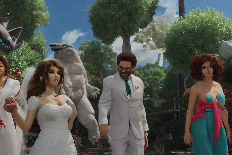 Image similar to a still from My Big Fat Greek wedding, wedding, wedding, with Fox McCloud and Fox McCloud and godzilla, octane render, nvidia raytracing demo, masterpiece