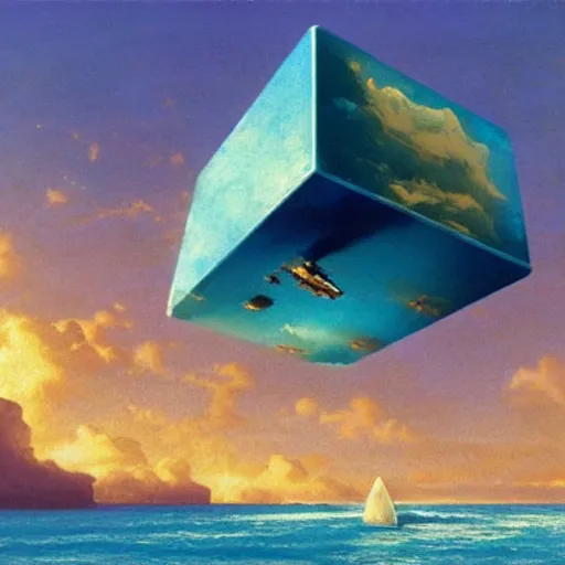 Prompt: beautiful matte painting of golden shores of a blue dreamy ocean, scientific codex cube floating above the ocean, sci - fi, daylight, blue sky, cinematic lighting, cinematic perspective, syd mead, john harris, federico pelat